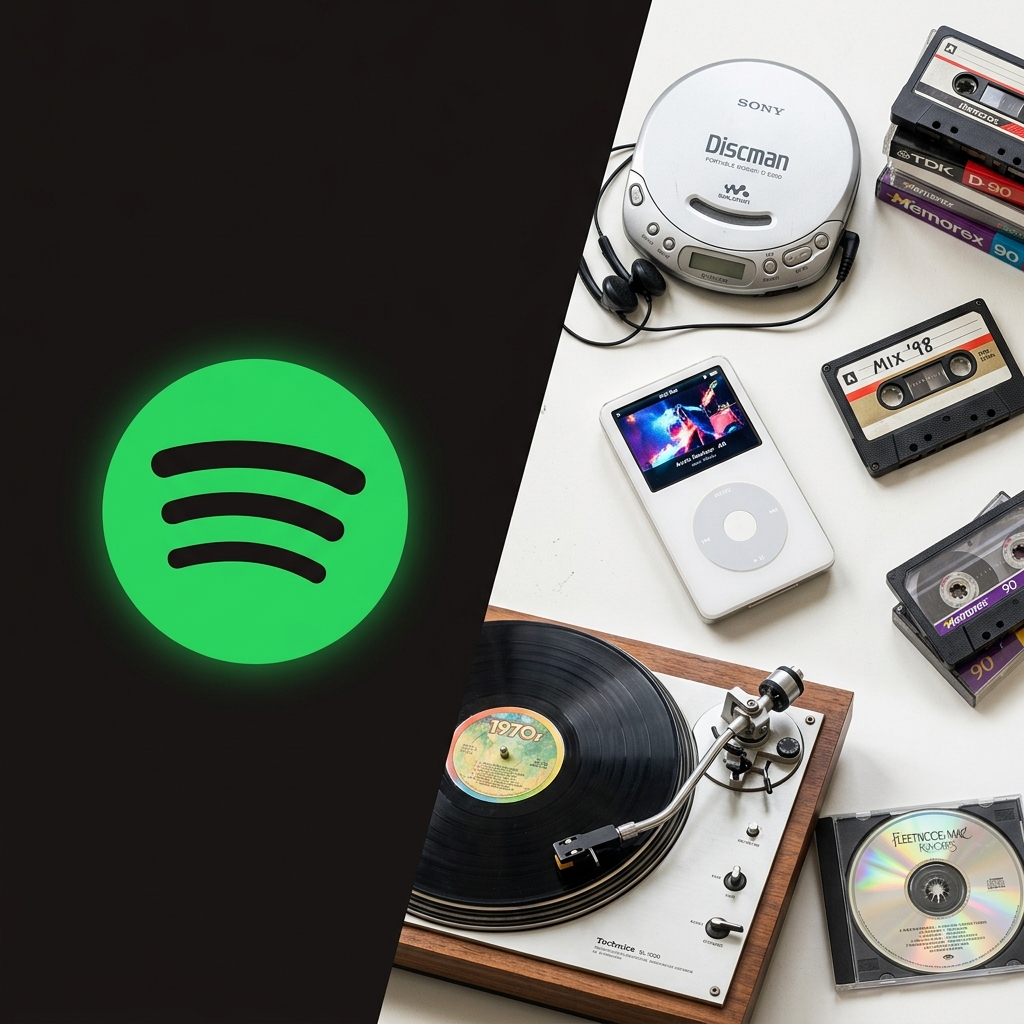 Split image comparing the Spotify logo against physical media like vinyl records, cassette tapes, and an iPod